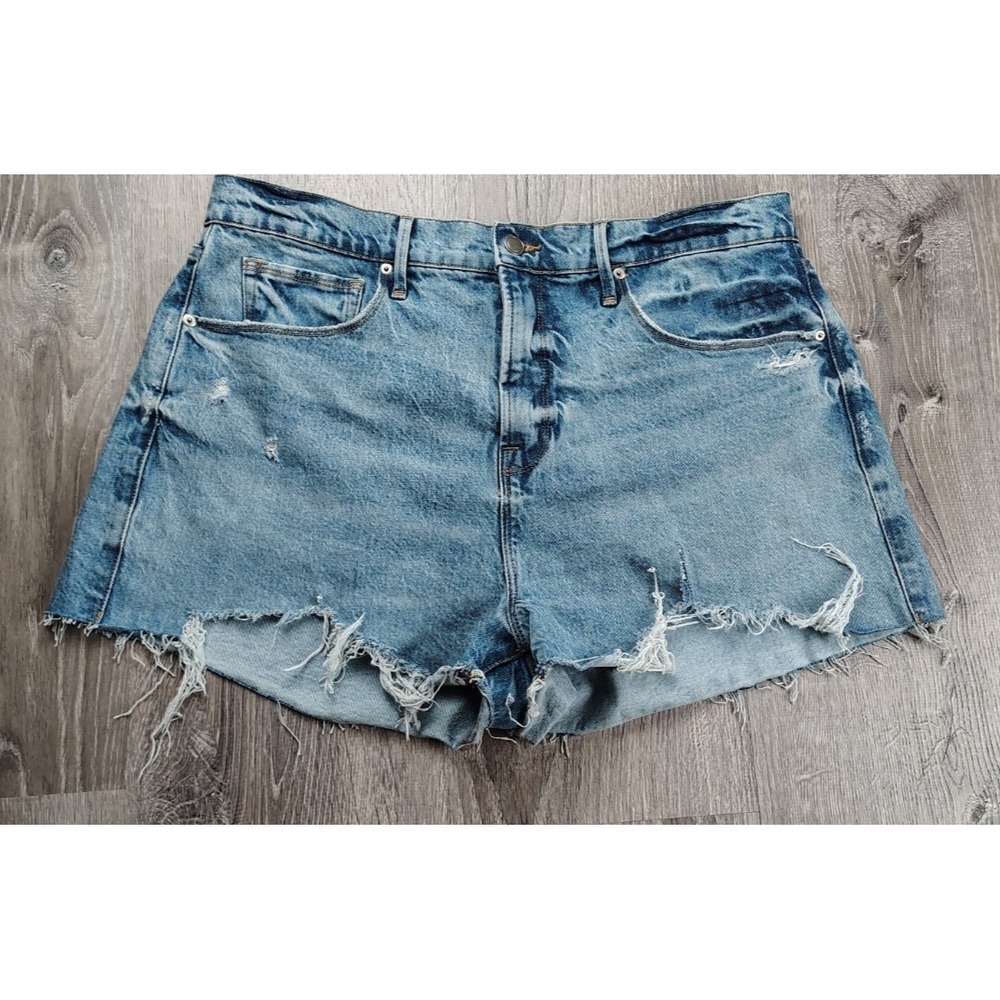 Good American Jean Shorts Frayed Raw Hem Women Size 14/32 High Rise Medium Wash‎